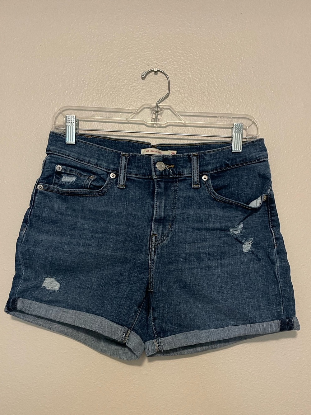 Women's Dark Blue Rolled Hem Distressed Denim Shorts
